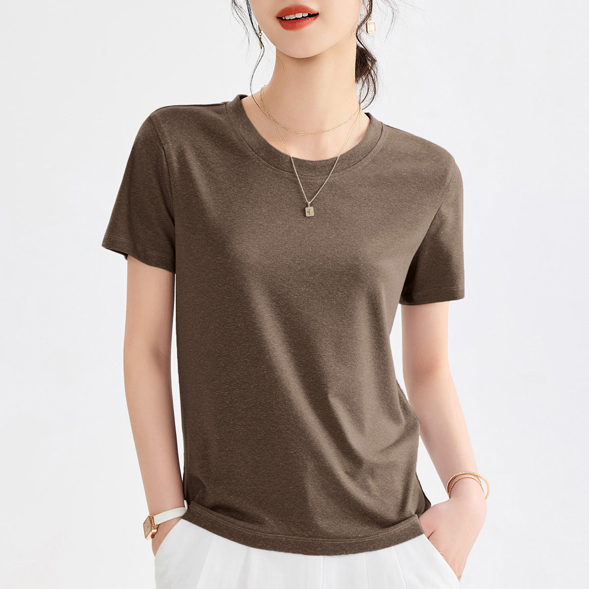 Women's Lyocell T Shirt Summer Cooling Short Sleeve Tee Crewneck Slim Fit Blouse Solid Casual Daily Wear Top