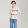 Spring Summer Women's Slim Fit Short Sleeve Knitted Shirt round Neck Stripes Style Casual Soft Knitwear round Neck Top