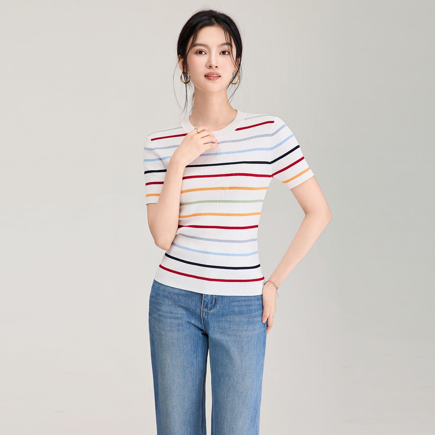 Spring Summer Women's Slim Fit Short Sleeve Knitted Shirt round Neck Stripes Style Casual Soft Knitwear round Neck Top