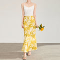 Elegant Vintage High Waist Acetate Print Skirt Yellow Floral Slimming Midi Skirt Digital Printing Plant Floral Business Casual