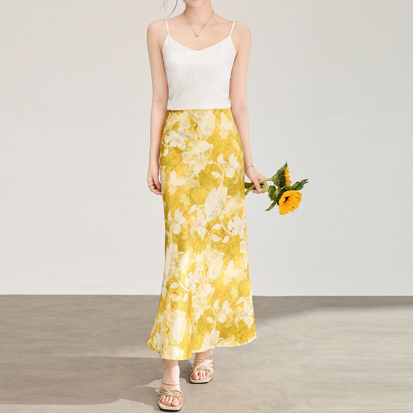 Elegant Vintage High Waist Acetate Print Skirt Yellow Floral Slimming Midi Skirt Digital Printing Plant Floral Business Casual