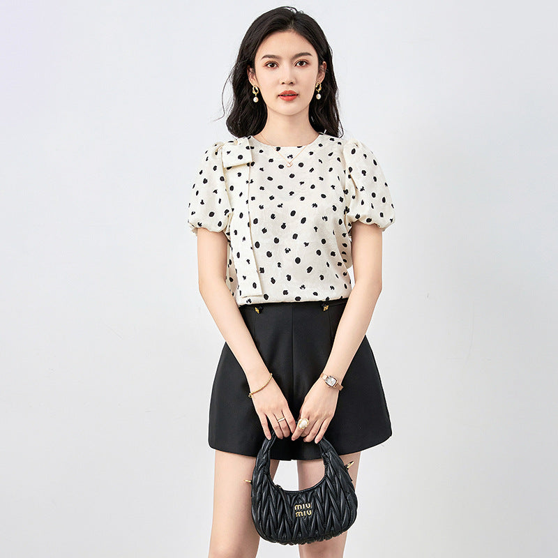 Elegant Office Lady Shirts Polka Dot Women Short Sleeve Blouse Summer Puff Sleeve Bow Fashion Tops Casual Blusas Femininas