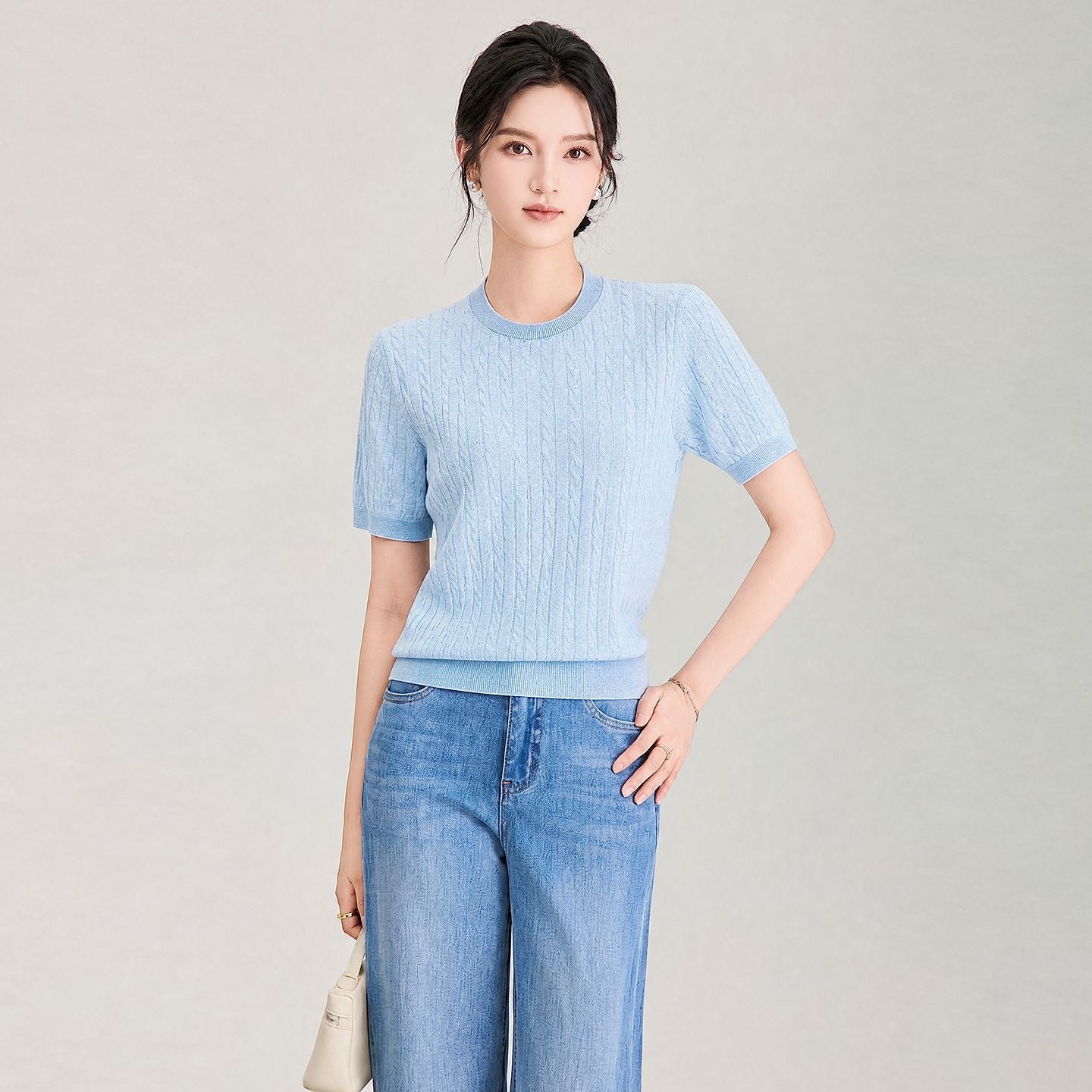 100% Pure Cotton Knitted Women'S Short-Sleeve Summer Loose New Color-Blocked T-Shirt Thin Round-Neck Versatile Top Knitwear