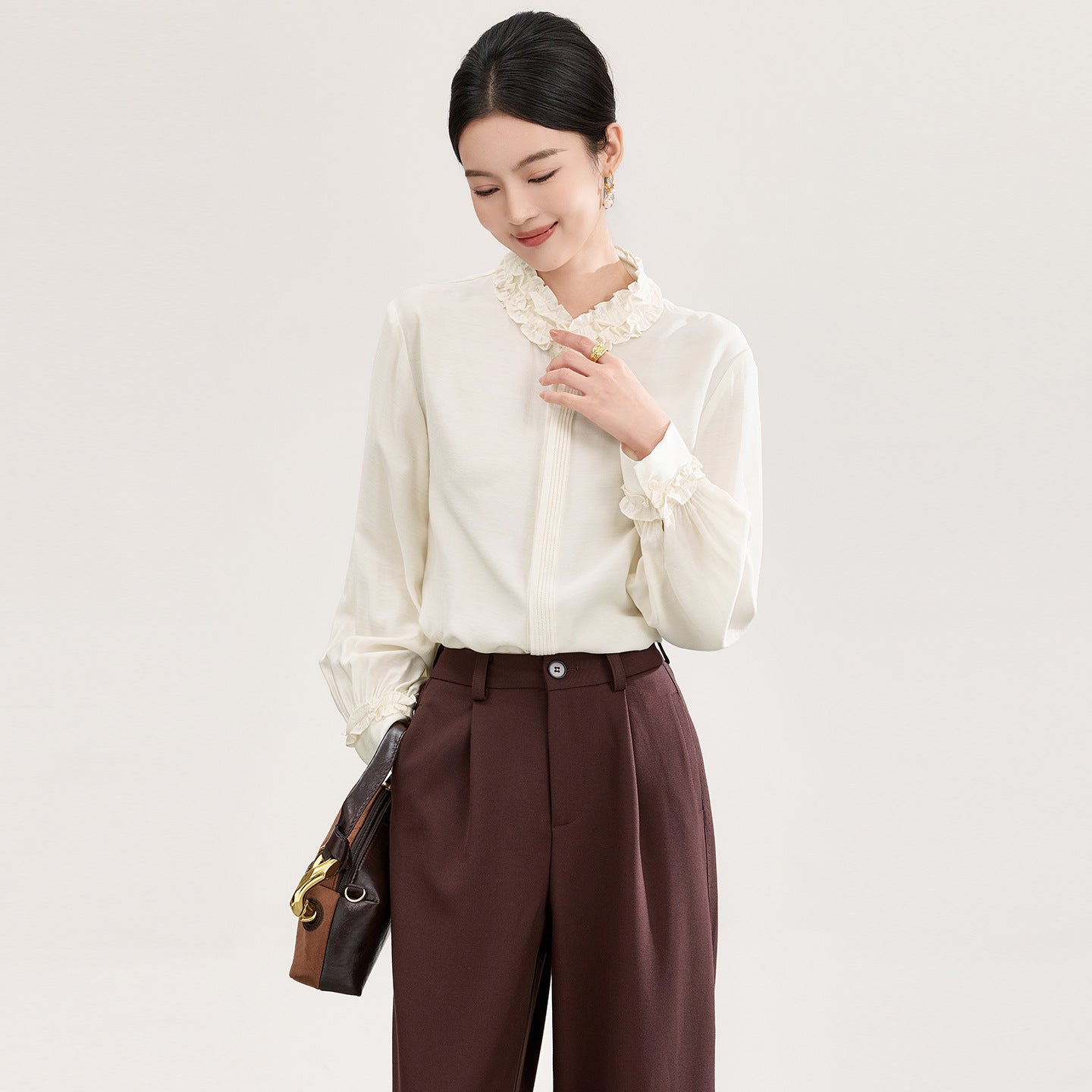 French Romantic High Fashion Velvet Shirt Petal Collar Four-sided Autumn Winter Style Elegant Classy Long Sleeve Polyester Blend
