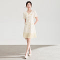Elegant Single Breasted Pleated Dress Office Lady V-Neck Short Sleeved A-Line Mini Dresses Summer Women Formal Vestidos
