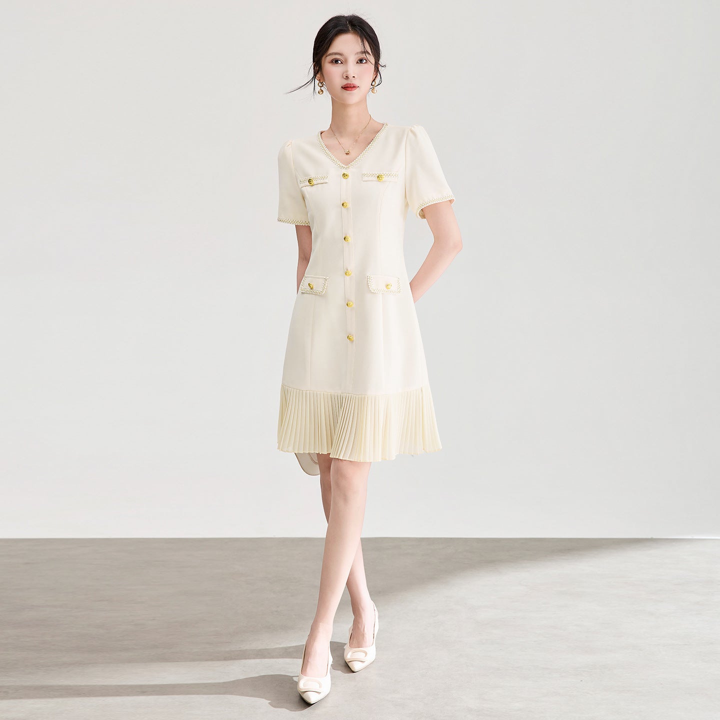 Elegant Single Breasted Pleated Dress Office Lady V-Neck Short Sleeved A-Line Mini Dresses Summer Women Formal Vestidos