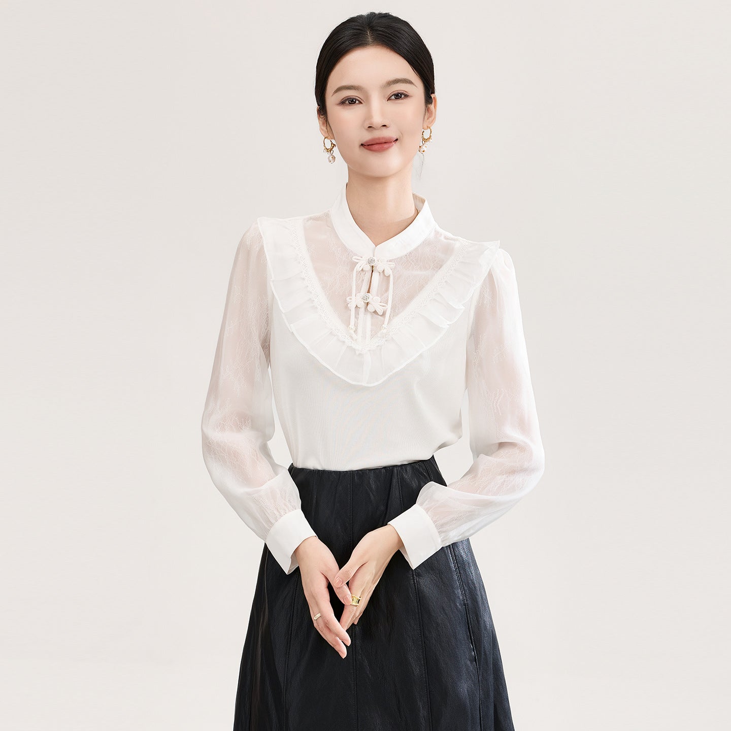 Elegant Chinese Style Long Sleeve Women's Shirt Chiffon Base Layer Slimming Spring Autumn Winter New Arrival Fashionable