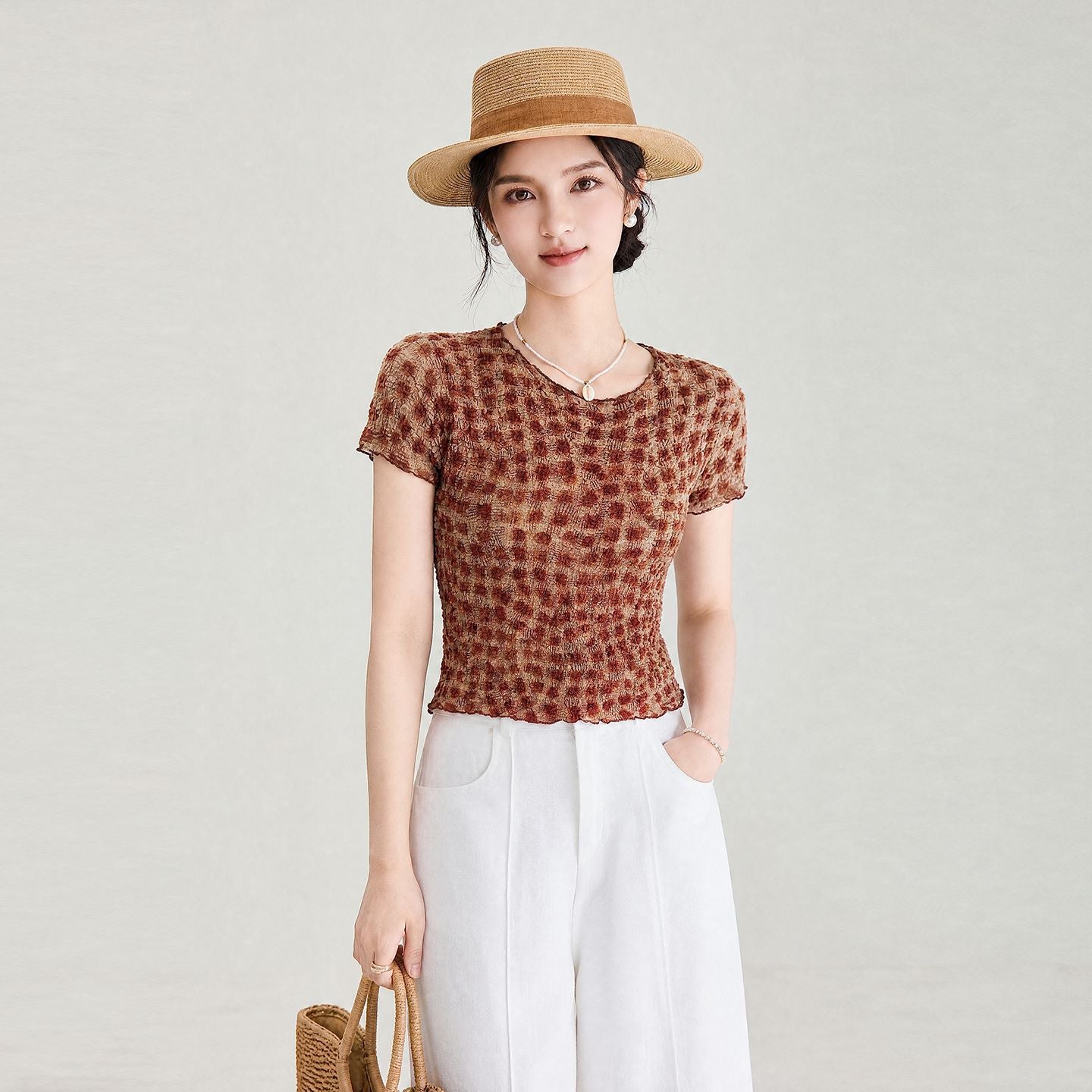 Silk Bubble Texture Short Sleeve T-Shirt Women's Summer Shirt Geometric Pattern Elegant Commute Style Casual Daily Wear