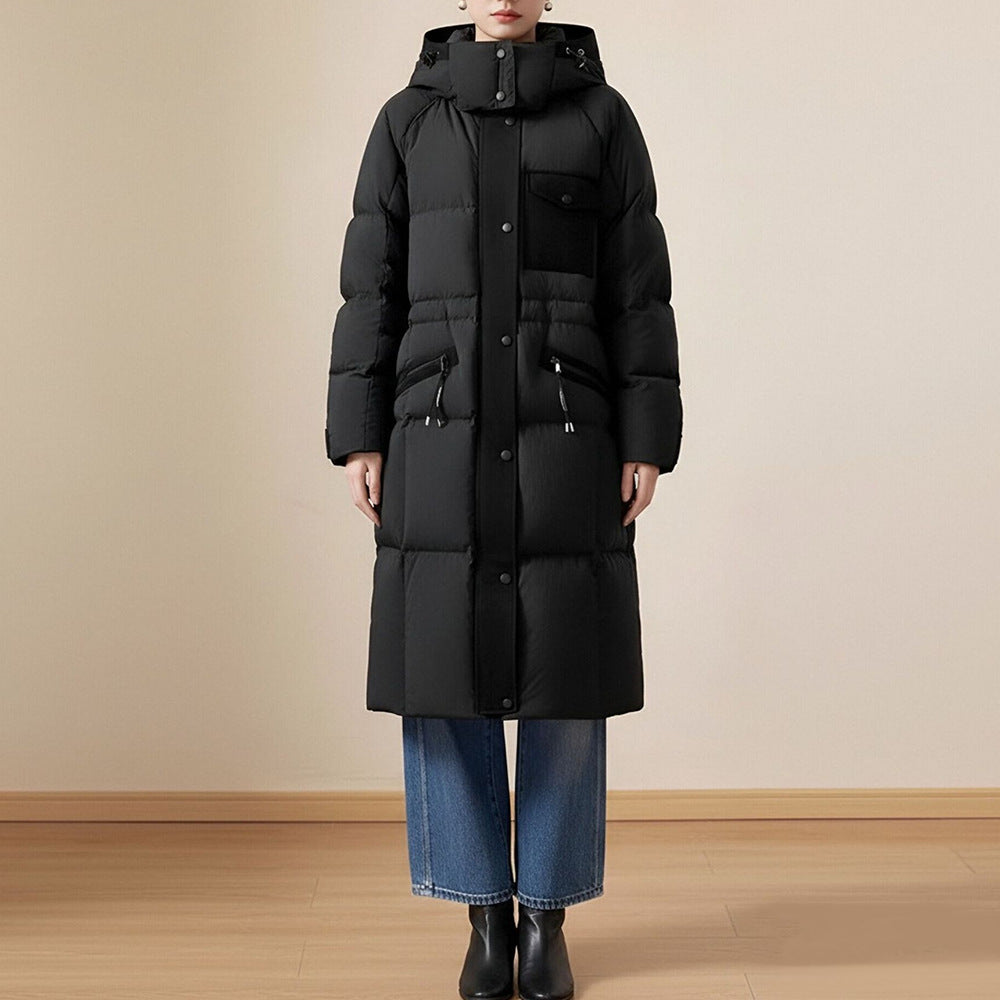 Winter New Down Jacket Mid To Long Over Knee Thickened Hooded Fashion Workwear Parker Couple White Duck Down Jacket
