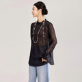 French Style Loose Bubble Sleeve Stand Collar Semi Transparent Shirt Women's Casual Wear Thin Long Sleeve Autumn Top