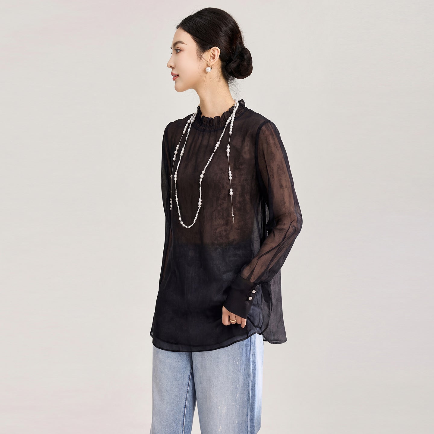 French Style Loose Bubble Sleeve Stand Collar Semi Transparent Shirt Women's Casual Wear Thin Long Sleeve Autumn Top