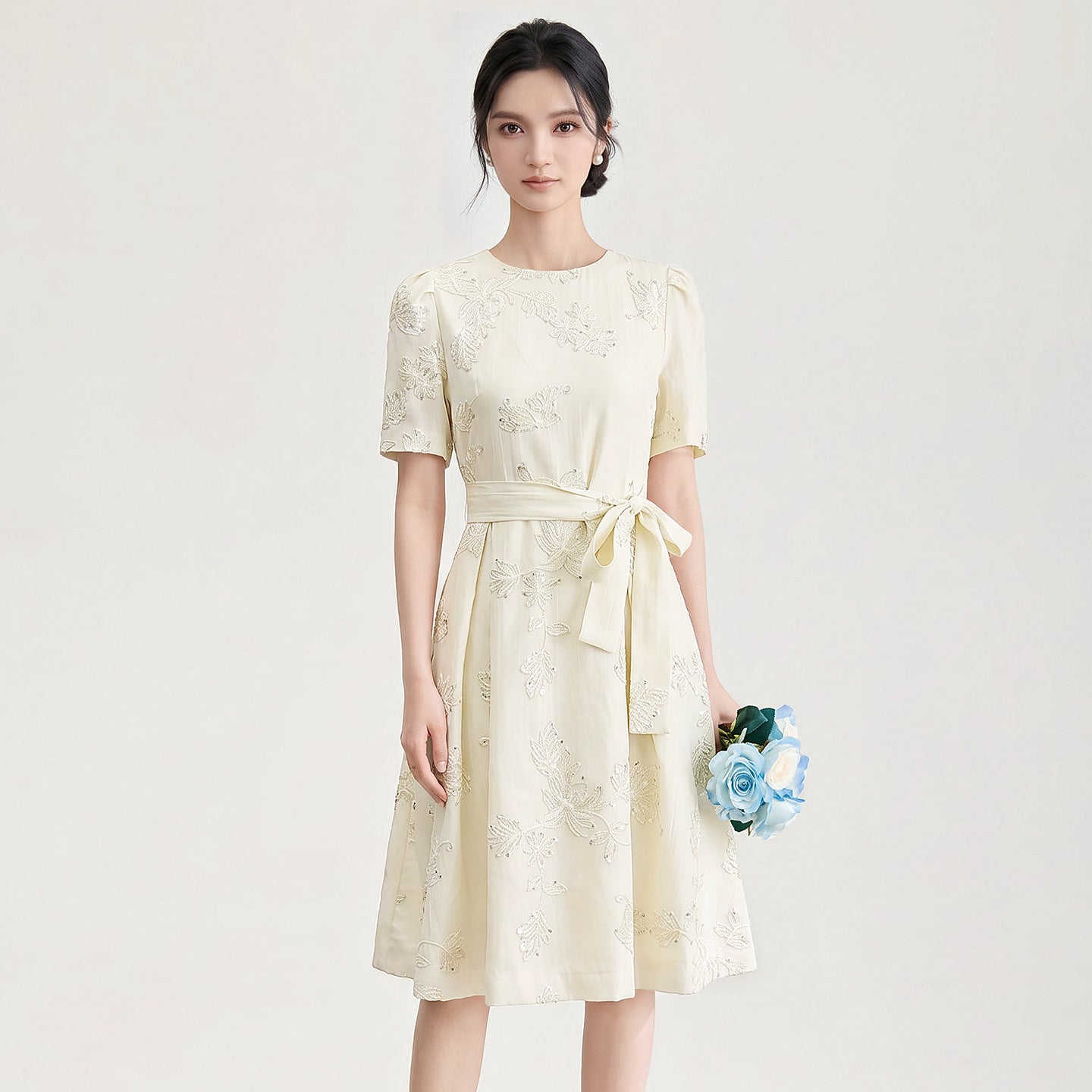 Dress Short Sleeve Summer Style Ladylike Ageless Midi Skirt A-Line Silhouette High Waist Design