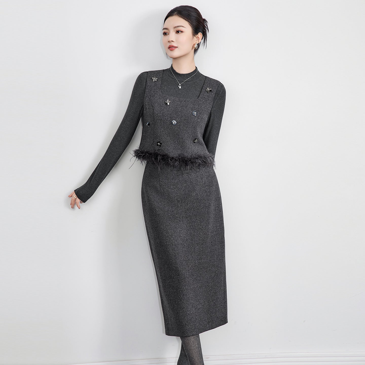 Spring New Lvory White Tweed Knitted Fake Two Pieces Women Midi Dress Splicing Lady Party Dress