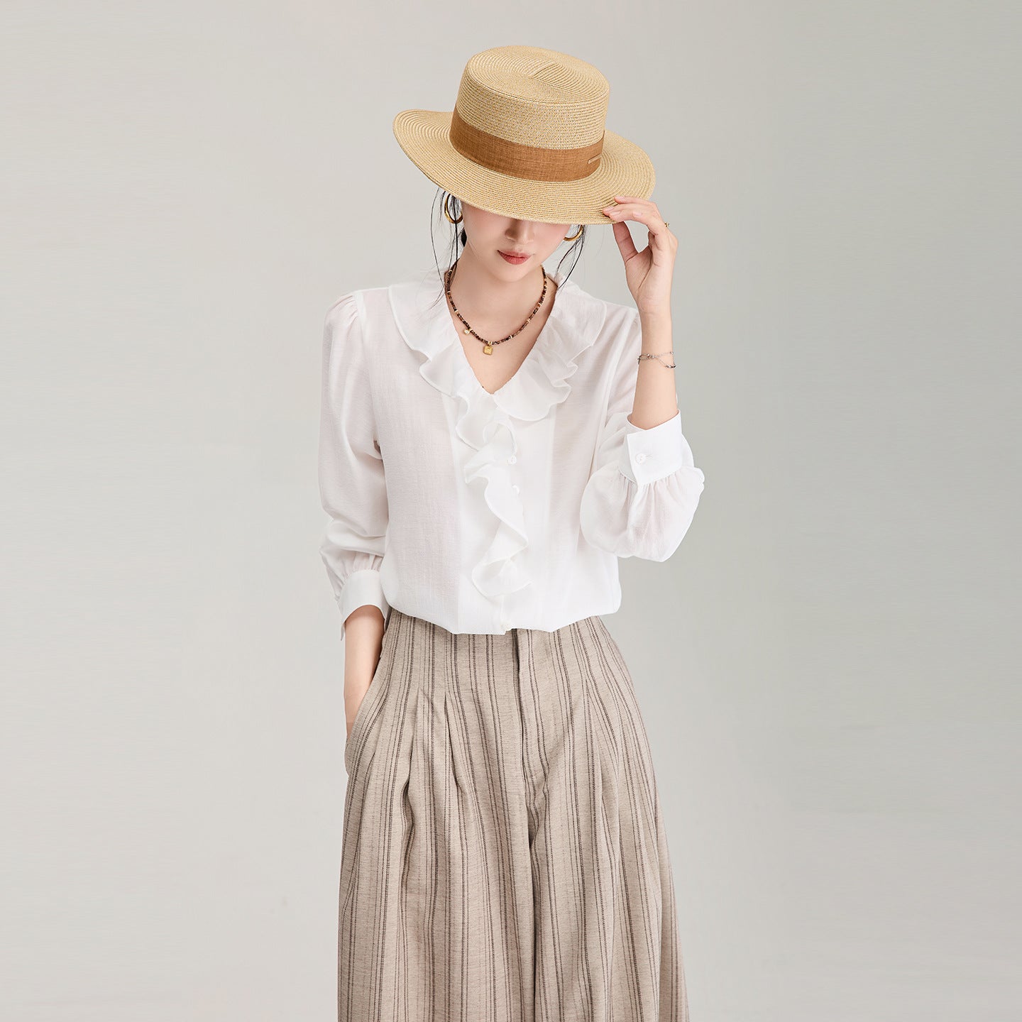 Elegant Double Layer Lotus Leaf Collar Loose Fit Comfortable Skin Friendly Women's Shirt Fashionable Slimming Summer New Arrival