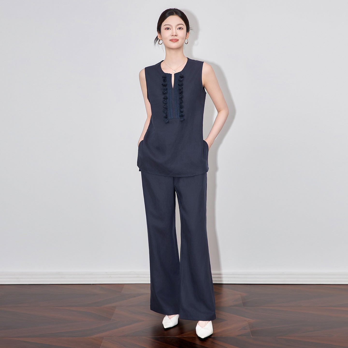 Office Two-Piece Set Women 2026 Summer New Fashion Ruffle Hem Cropped Sleeveless Vest Wide Leg Pants Casual Outfit