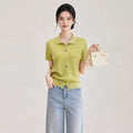 Women's T-Shirt Summer Lapel Collar Casual Short Sleeve Tee Color Block Button Slim Versatile T Shirts Woman