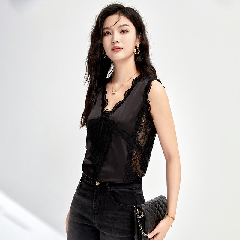 Lace Splice Slim Fit Vest Sleeveless Women's Basic Style Polyester Fiber Commute Style Mid Stretch Elegant