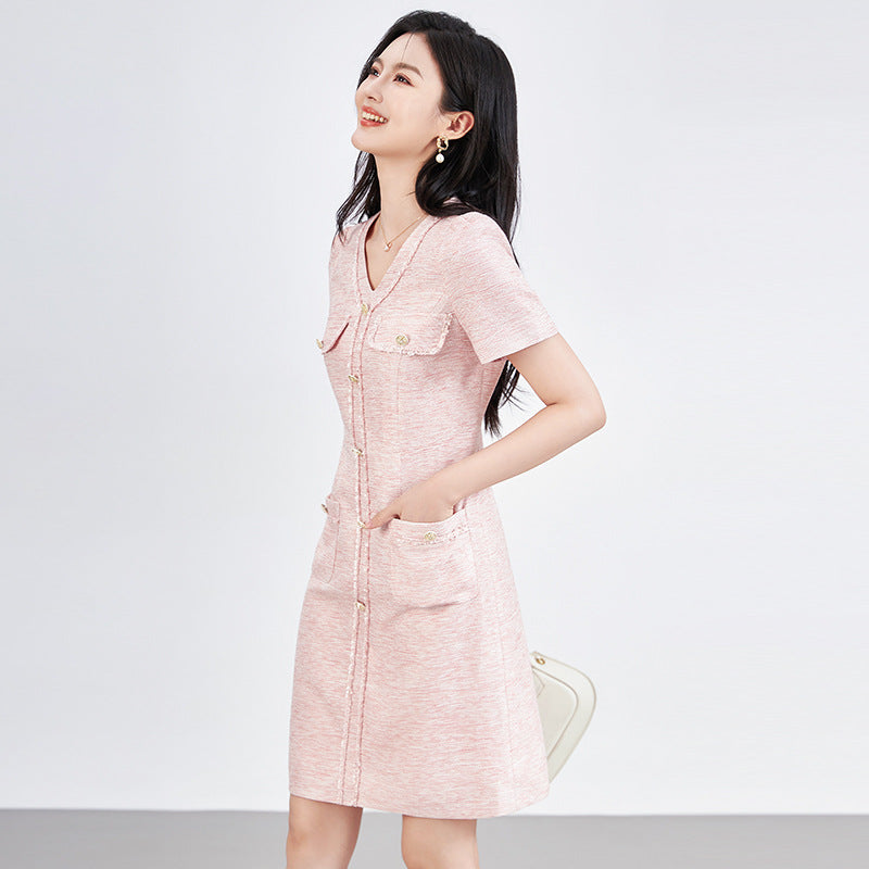 Elegant ShangFeng Style Midi Dress Women's Fashionable Slim Fit Short Sleeve round Neck V-Neck A- Line Skirt Autumn