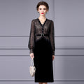 Elegant Lace Splice Fish Tail Long Dress Autumn Wear for Women Celebrity Lady Style Vestido Midi Dress Party Evening Gown