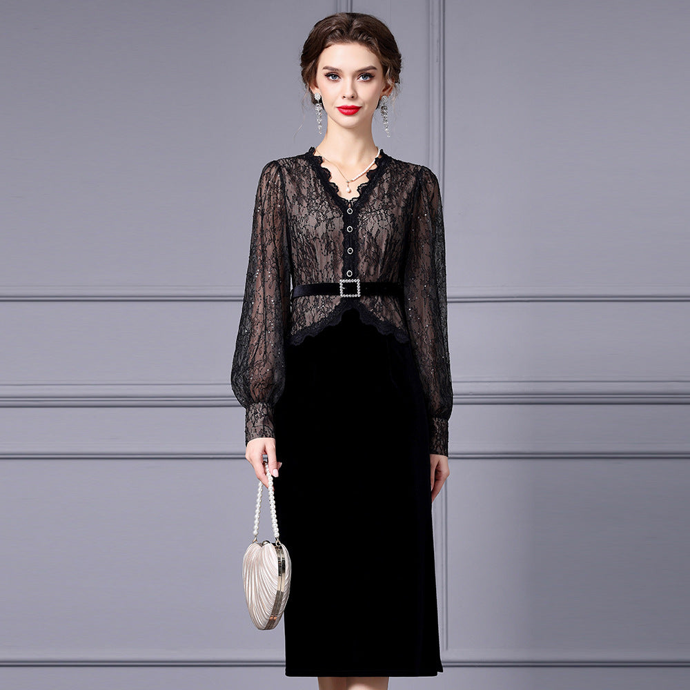Elegant Lace Splice Fish Tail Long Dress Autumn Wear for Women Celebrity Lady Style Vestido Midi Dress Party Evening Gown