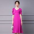 Women's Elegant Satin Silk Evening Party Midi Dresses Bow Detail V-Neck Short Puff Sleeve Dress Solid Color A-Line Robes