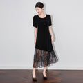 Elegant Lace Trim Slimming Black Summer Dress Women's High Waist Design Sensation Fitted Gown A-Line Skirt round Neck Short