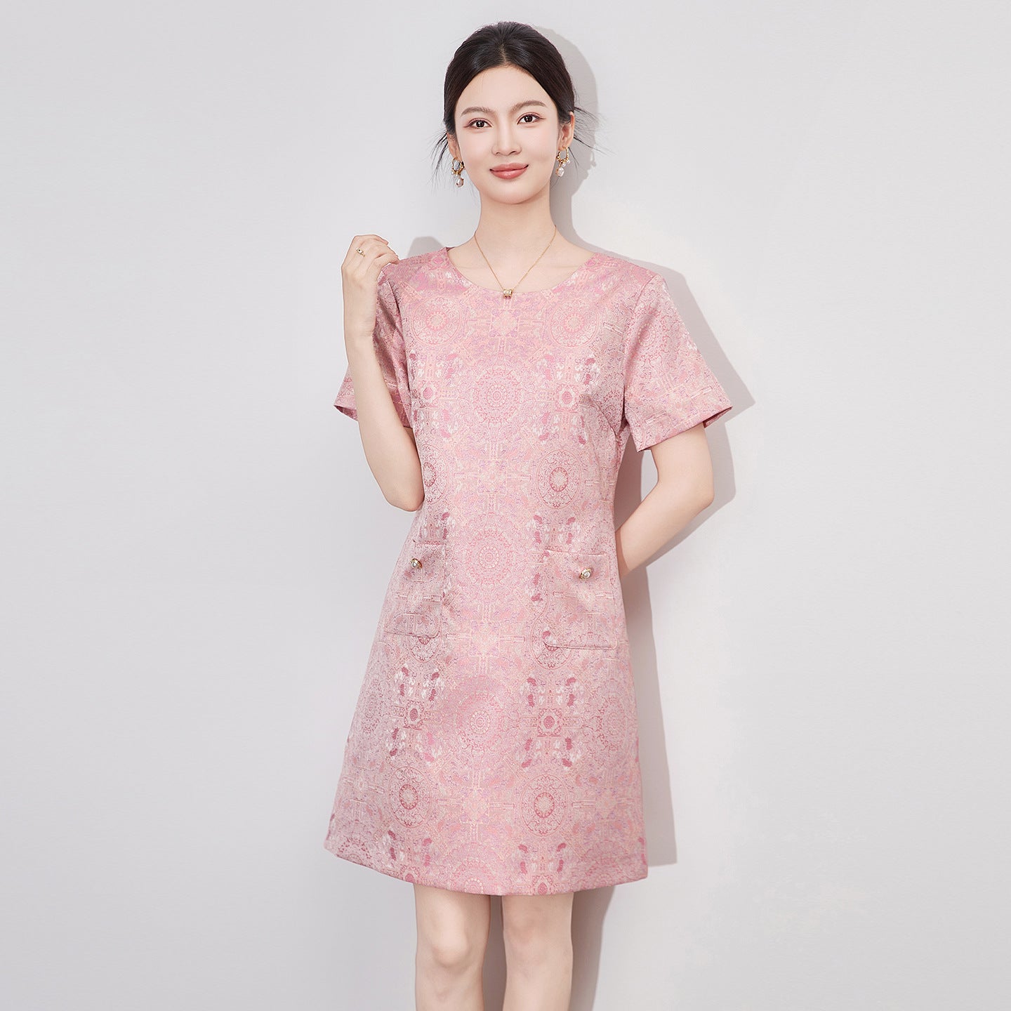 Elegant A- Line Dress Summer Style Short Sleeve High-Quality Silk Thread Embroidery Midi Dress for Women Elegant Fashionable