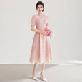 Elegant Short Sleeve Embroidered A-Line Dress Shiny Sequin Floral Pattern High Waist Midi Dress