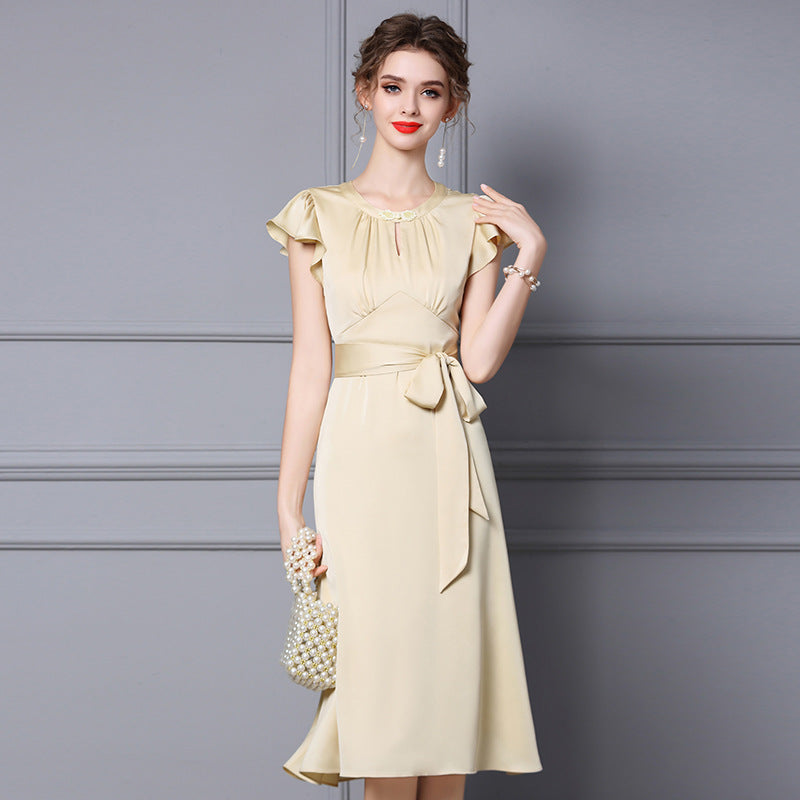 Elegant Slimming Mid-Length Wrap Dress with High Waist And Front Slit for Formal Occasions Unique Beautiful Women's Fashion