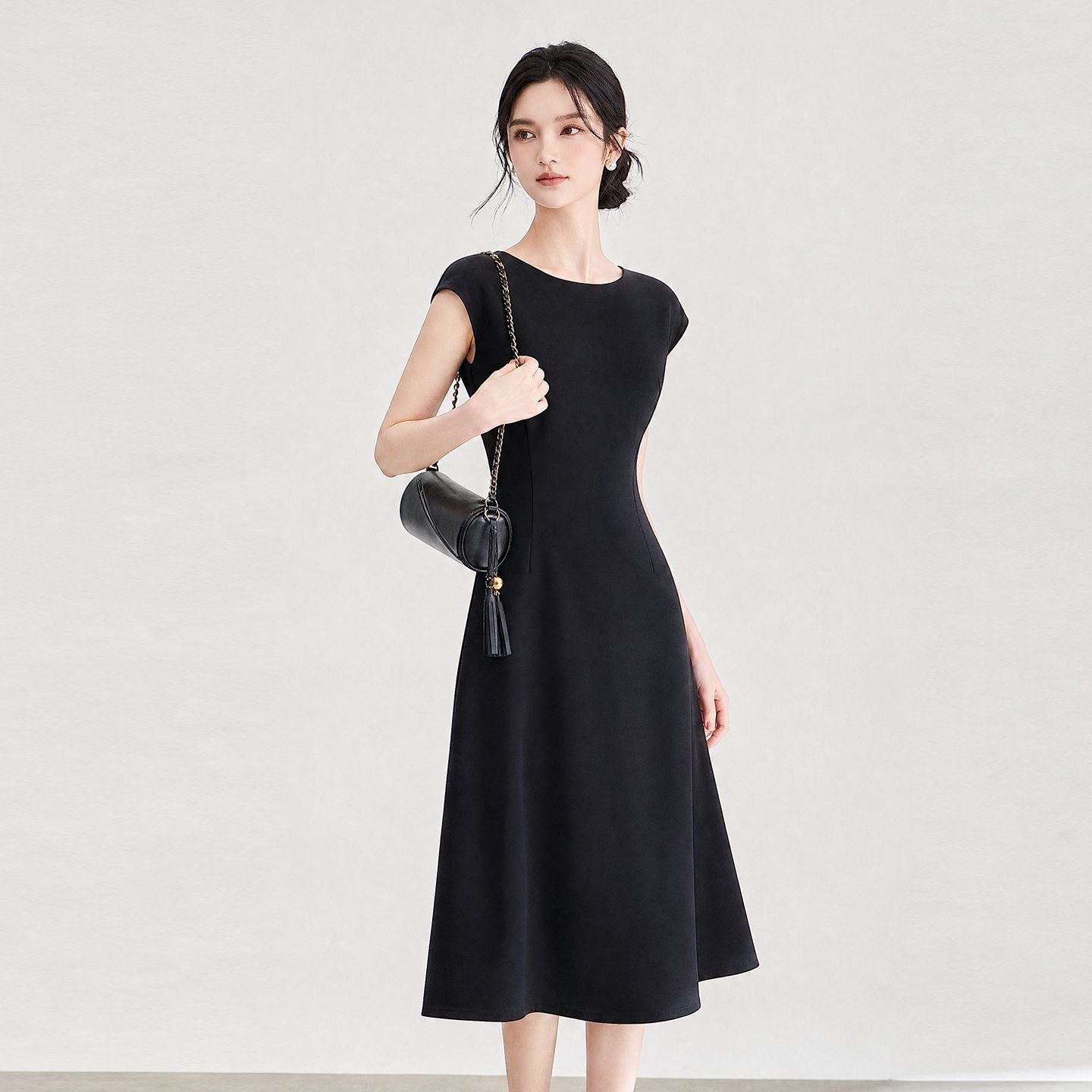 Slim Fit Long Dress round Neck Pure Color Summer New Style Women's Fashionable Waist Cinching Midi Dress Casual Korean Style