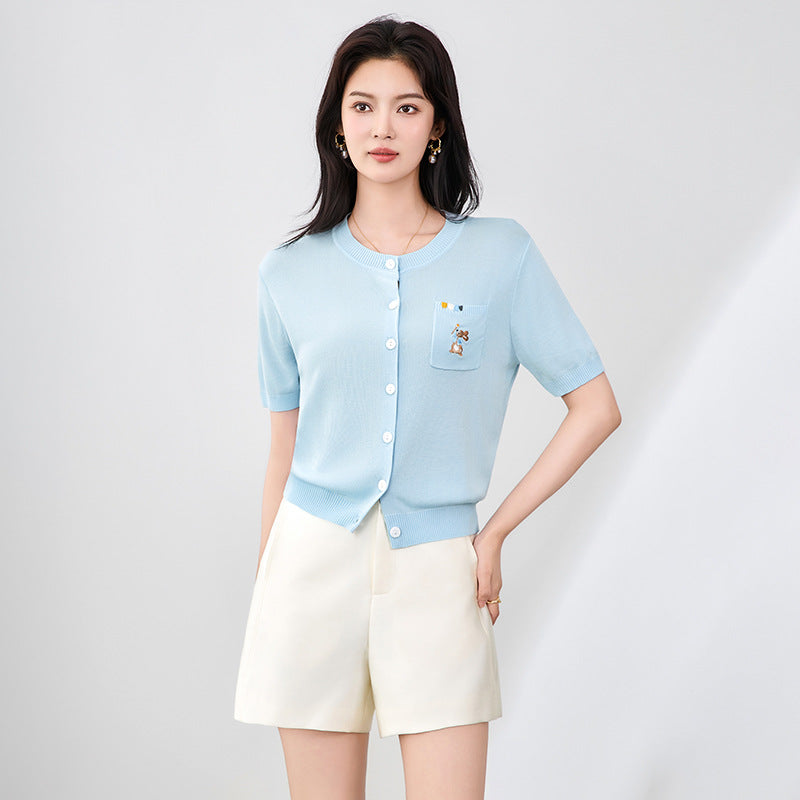 Spring and Autumn New Women's Knitted Cardigan Round Neck Wool Blend Gentle Versatile Top