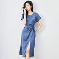 Chic round Neck Ribbon Waist Short Sleeve Dress Women's High Waist Asymmetrical Hemline Slimming Effect Commute Style Dress