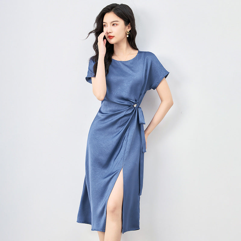 Chic round Neck Ribbon Waist Short Sleeve Dress Women's High Waist Asymmetrical Hemline Slimming Effect Commute Style Dress