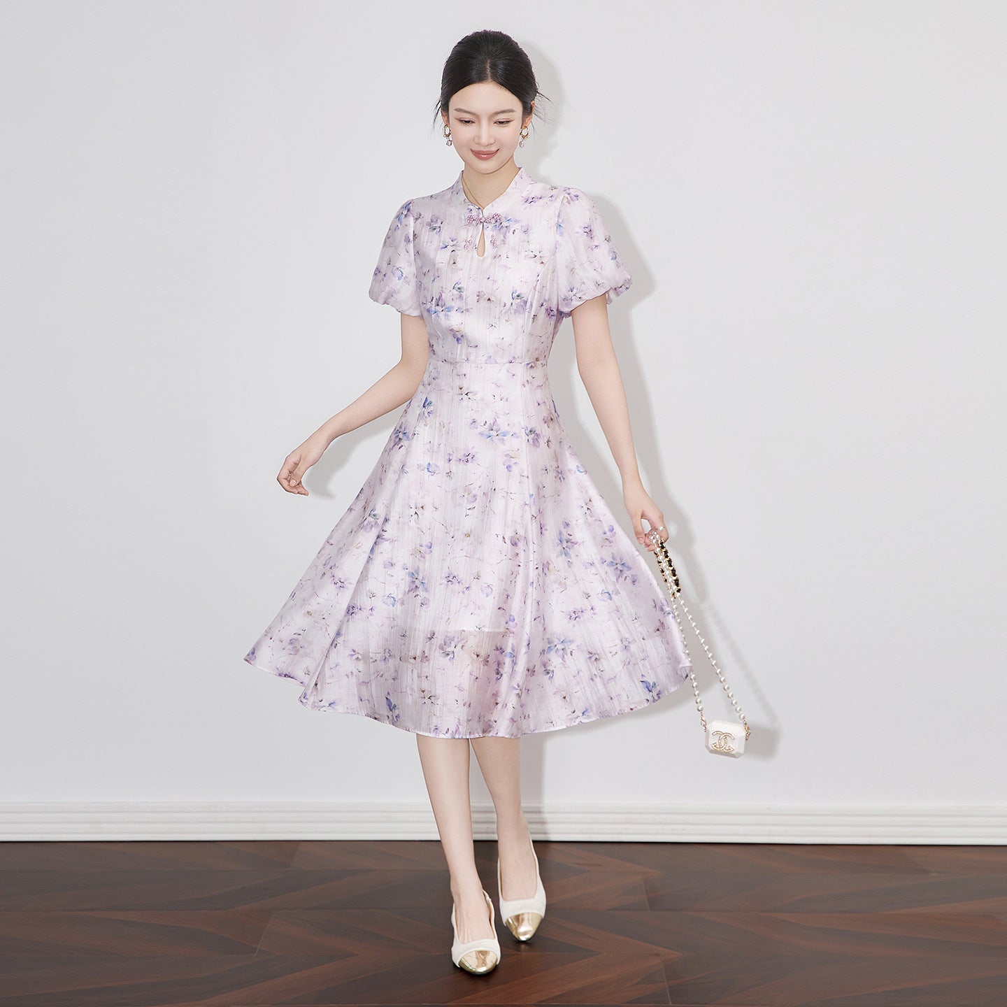 Elegant Style Silk And Linen Print Qipao Dress Slimming Mid-Length Summer New Women's Fashion High Waist Short Sleeve