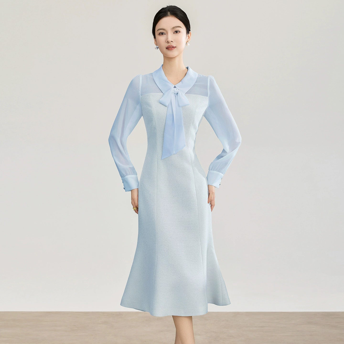 Elegant Long Sleeve Slimming Gown with Waist Cinch for Women Spring New Arrival Fashionable Party Dress High Waist Fish Tail