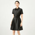 Elegant Simple French Style Short Sleeve Dress with Stand Collar Waist Cinching Midi A- Line Skirt Polyester Fiber Vintage
