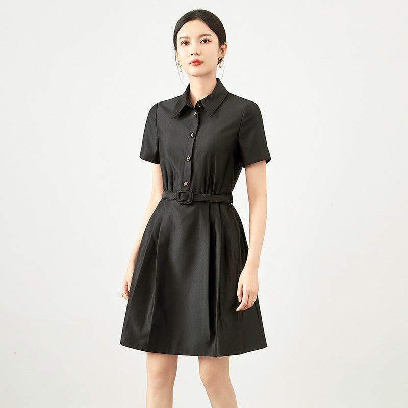 Elegant Simple French Style Short Sleeve Dress with Stand Collar Waist Cinching Midi A- Line Skirt Polyester Fiber Vintage