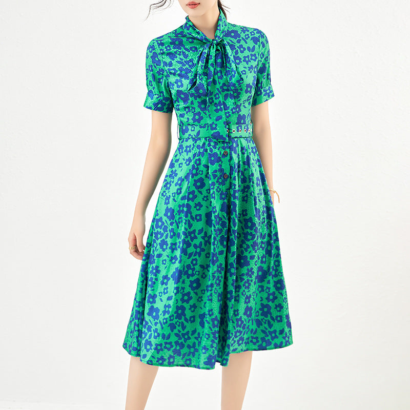 Elegant Random Print Button Down Shirt Dress Women's Long Sleeve Belted Waist Midi Dress Spring Fall Office Casual Dress