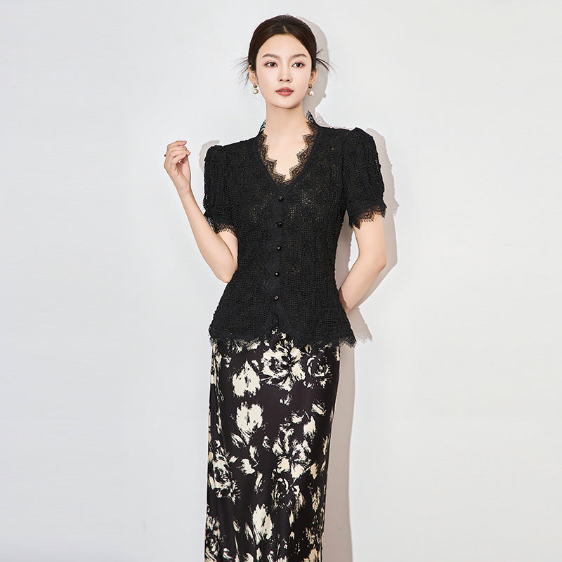 Elegant Short Sleeve Lace Top Women's Summer New Style Slim Fit Miniature Waist Shaping Half Sleeve Lace Shirt Fresh Sweet Style