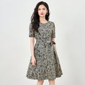 Elegant Rose Print Chiffon Dress Slimming Concealing Women's Fashion Summer Short A- Line Skirt round Neck Short Sleeve Dress
