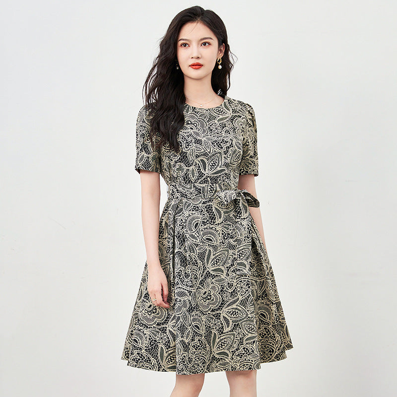 Elegant Rose Print Chiffon Dress Slimming Concealing Women's Fashion Summer Short A- Line Skirt round Neck Short Sleeve Dress