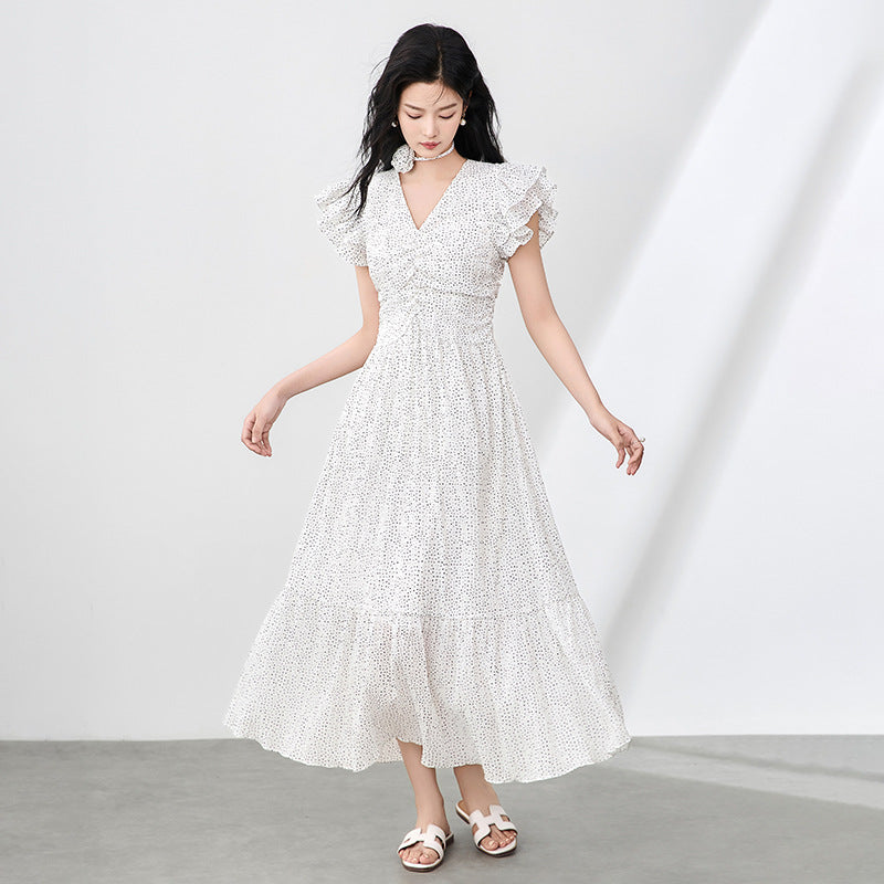 Summer New Dress Women's French Gentle and Elegant V-neck Lace Side Long Dress High Waist Floral Dress Women