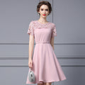 Pink A- Line Dress Women's Summer Elegant Graceful Waist-Cinching Empire Waist Short Sleeve round Neck Lace Trim Midi Dress