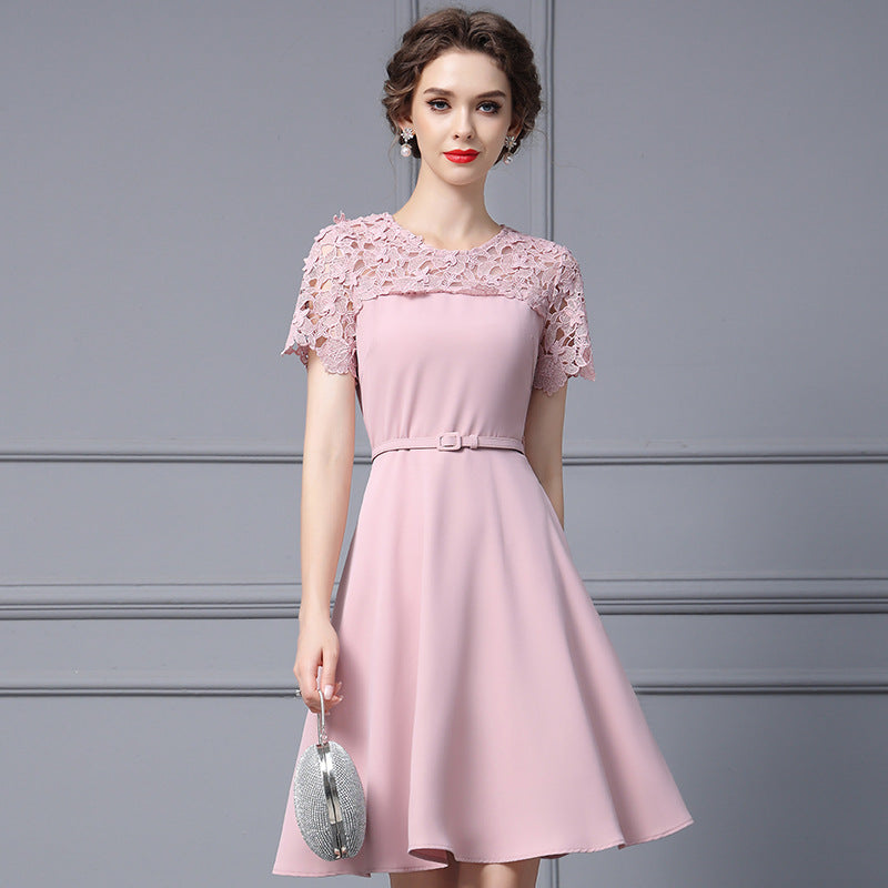 Pink A- Line Dress Women's Summer Elegant Graceful Waist-Cinching Empire Waist Short Sleeve round Neck Lace Trim Midi Dress
