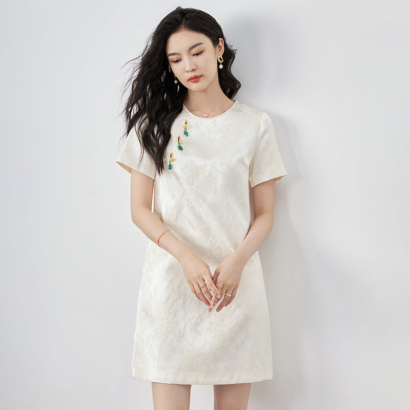 Elegant Chinese Style Midi Dress Women's Summer round Neck Short Sleeve High End Ageless Slimming Mid Length Dress