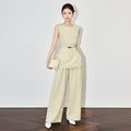 Fashion High End Pant Sets Women Elegant Office Lady Solid Color Sleeveless Top + Wide Leg Pants Suit Two Piece Set