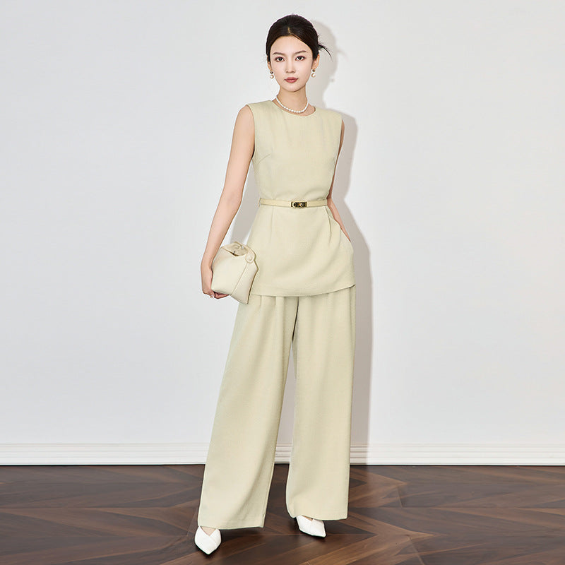 Fashion High End Pant Sets Women Elegant Office Lady Solid Color Sleeveless Top + Wide Leg Pants Suit Two Piece Set