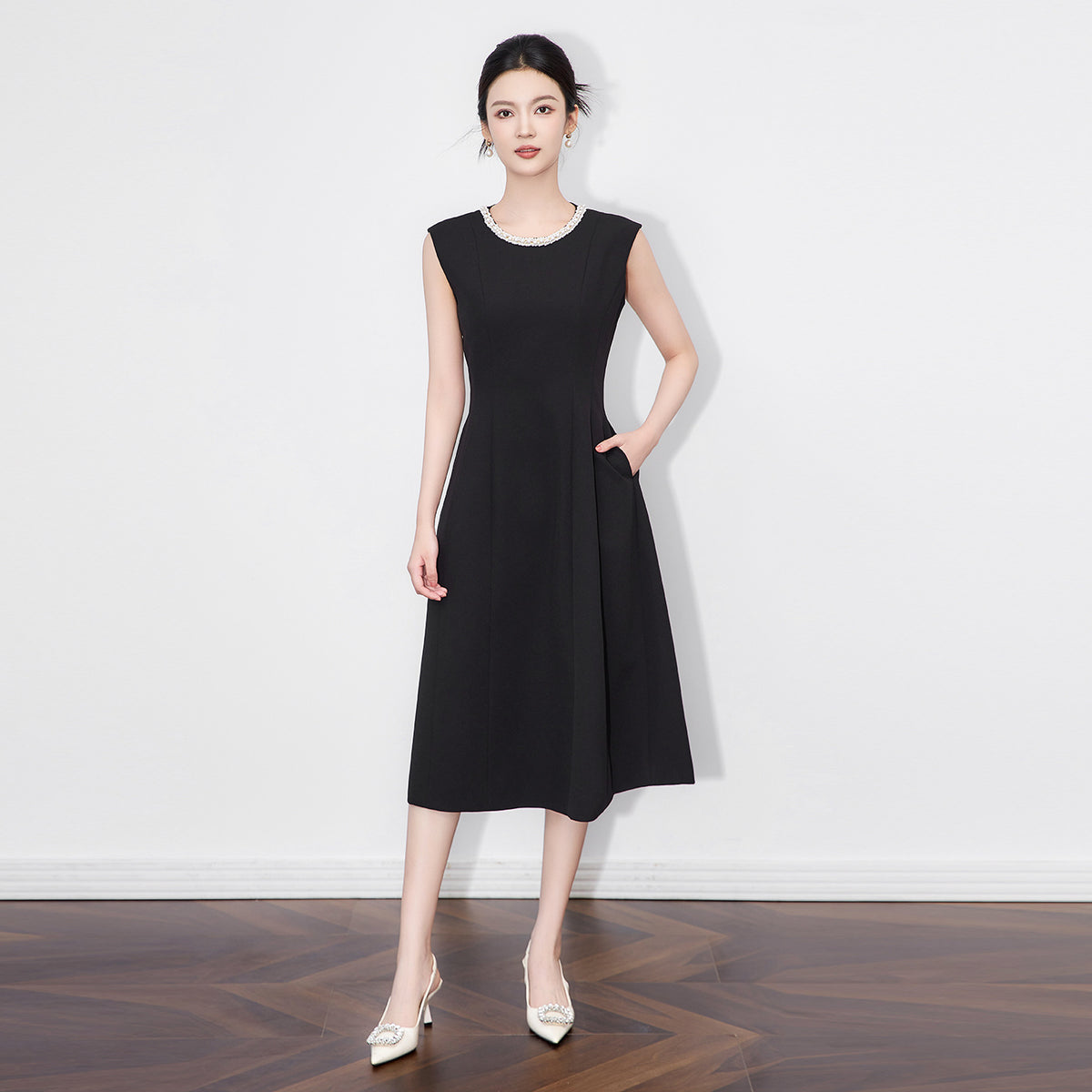 Black Casual Beaded Sleeveless Solid O-Neck Vest Dress Evening Waist-Cinching Slim Vestidos 2026 Summer Women's New
