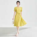 Elegant French Polka Dot Short Sleeve Dress Women's Summer Waist Cinched Maxi Skirt Style Midi Dress for Casual Business Travel