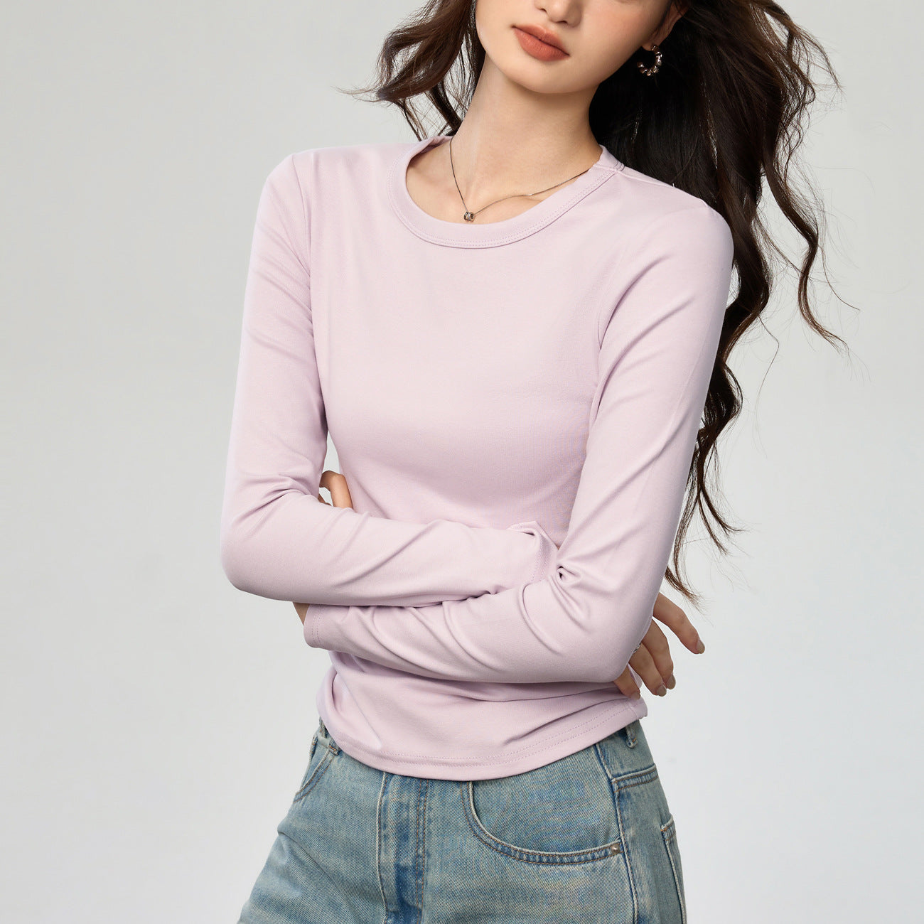 Pure Cotton Bright Line Design Versatile Long-sleeved T-shirt Women's Simple Crew Neck Bottoming Shirt Top